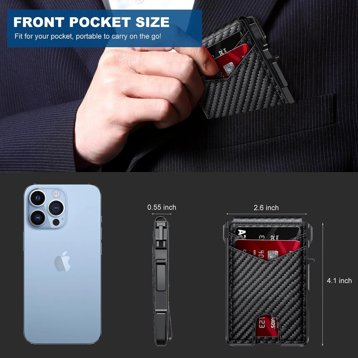 Carbon fiber wallet with smartphone and measurements displayed
