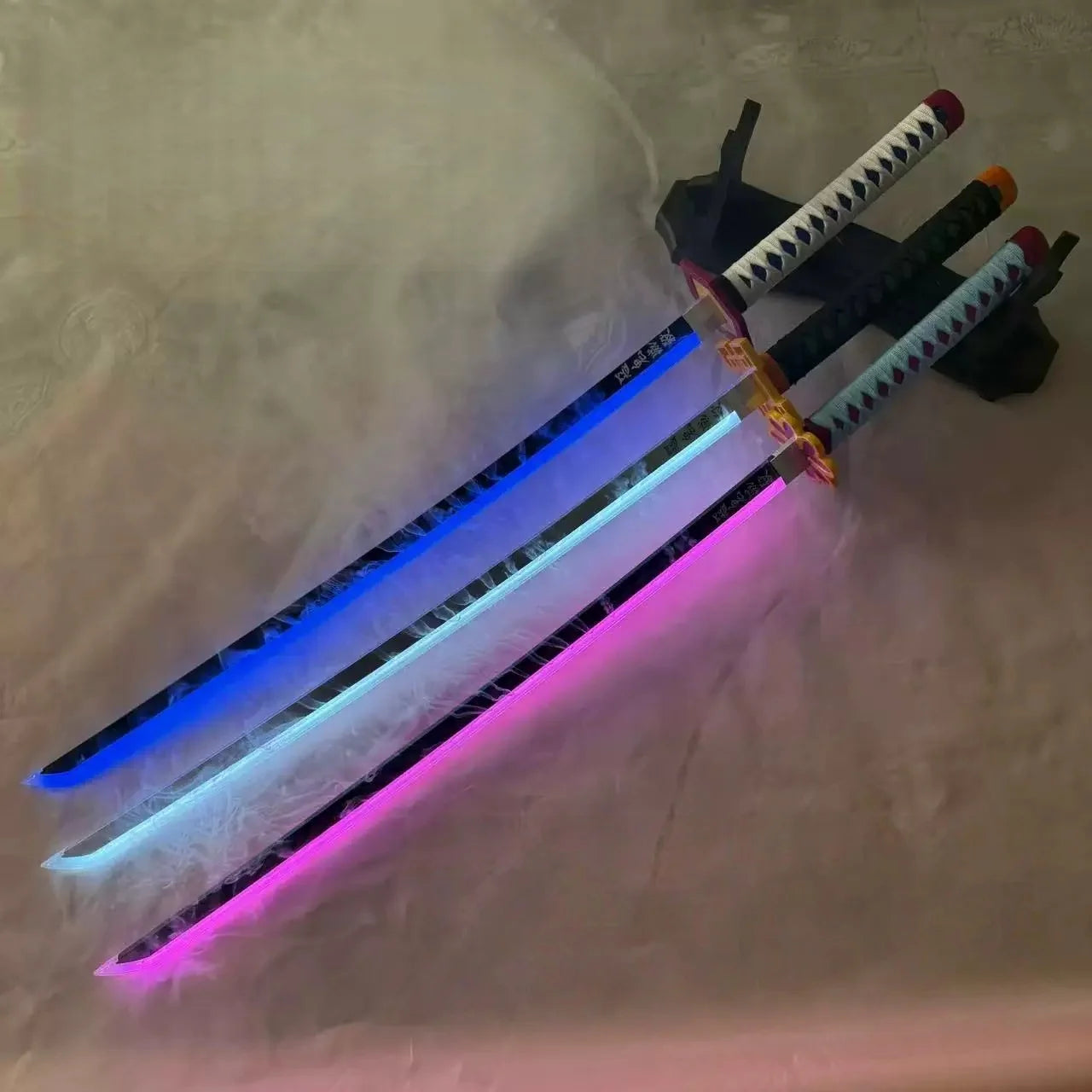 Colorful LED lights on a stand against a neutral background