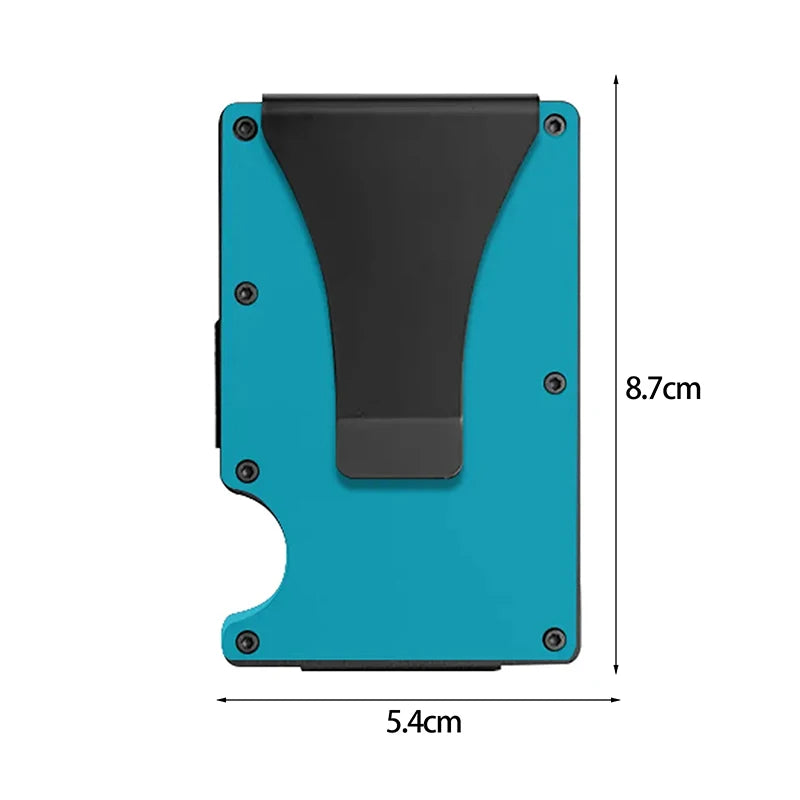 Blue and black wallet with dimensions indicated on a white background