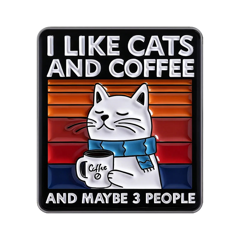 Sticker with a cat holding a coffee cup and text 'I like cats and coffee and maybe 3 people' on a colorful striped background.