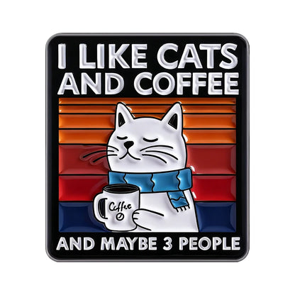 Sticker with a cat holding a coffee cup and text 'I like cats and coffee and maybe 3 people' on a colorful striped background.