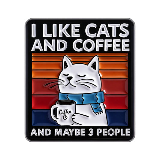 Sticker with a cat holding a coffee cup and text 'I like cats and coffee and maybe 3 people' on a colorful striped background.