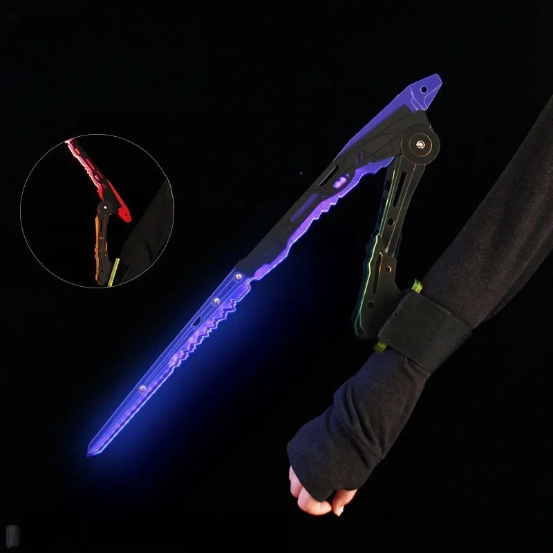 Glowing blue sword held by a person with a dark background
