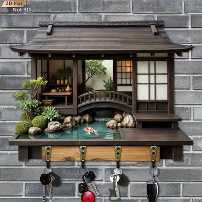 Decorative key holder with a miniature garden scene on a brick wall.