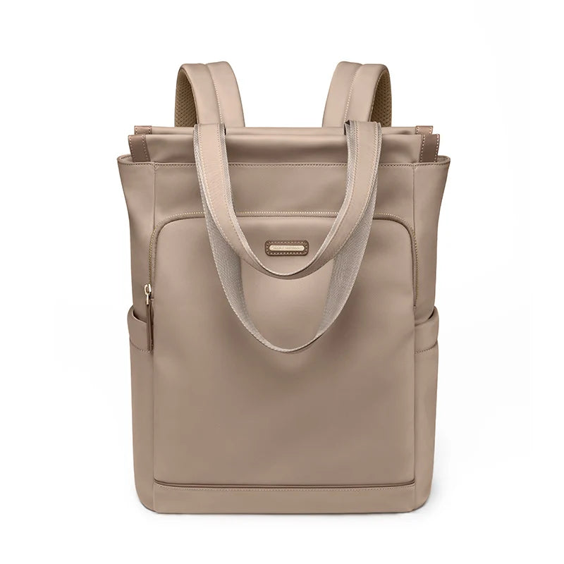 Beige tote bag with shoulder straps on a white background