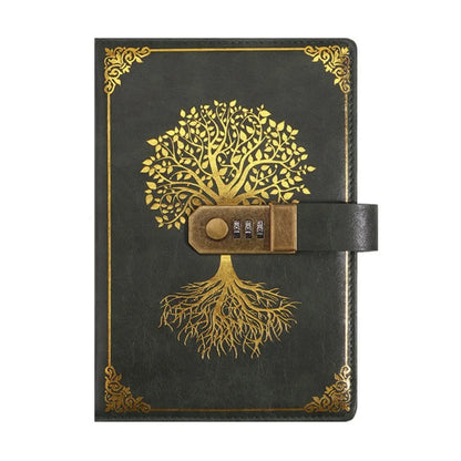 Black notebook with gold tree design and combination lock on a white background