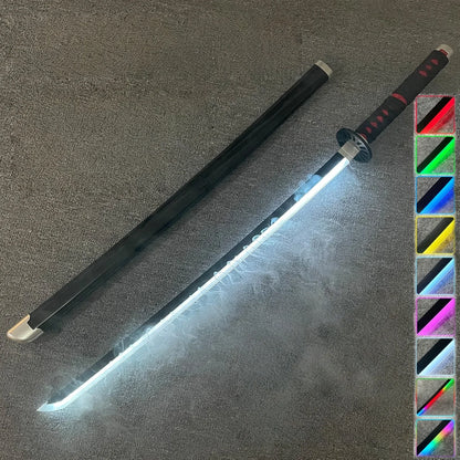 Sword with a glowing blade on a textured surface, surrounded by color swatches.