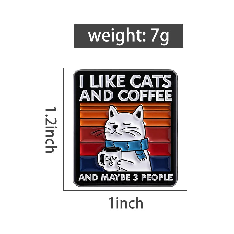 Sticker with a cat holding a coffee cup and text 'I like cats and coffee and maybe 3 people' with measurements and weight information.