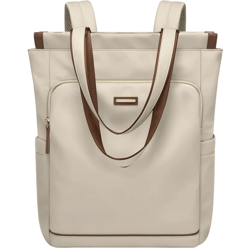 Beige tote bag with brown accents on a white background