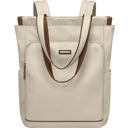 Beige tote bag with brown accents on a white background