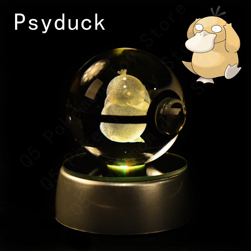 Crystal ball with a Psyduck figure inside, featuring the Psyduck character above on a black background.