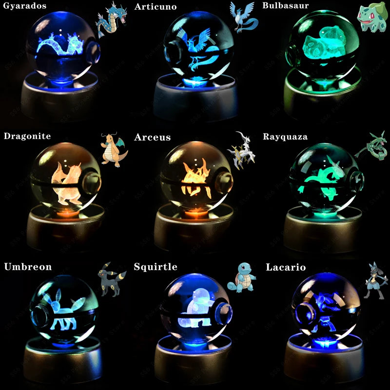 Collection of Pokémon crystal ball night lights on a dark background