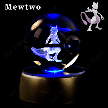 Crystal ball with Mewtwo figure inside, surrounded by blue light on a black background.