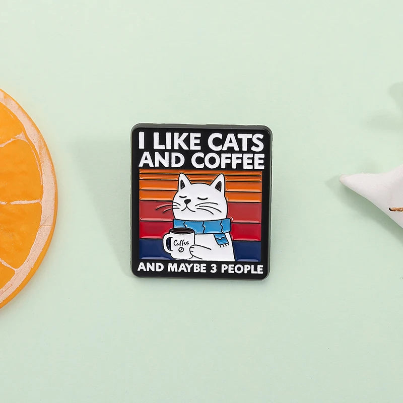 Pin with a cat holding a coffee cup and text 'I like cats and coffee and maybe 3 people' on a light green background.