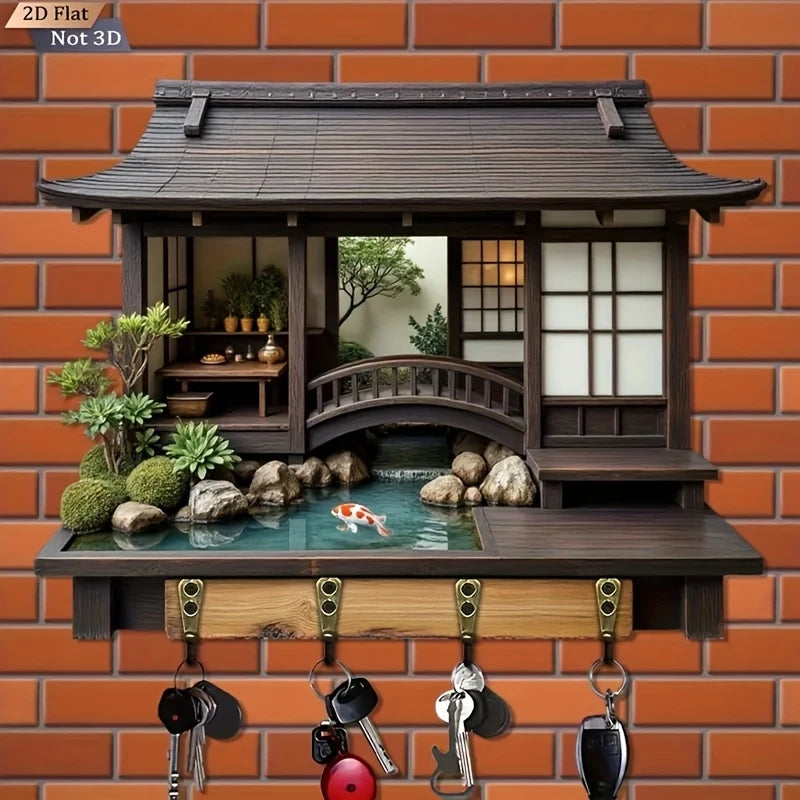 Decorative key holder with a miniature Japanese garden design on a brick wall background