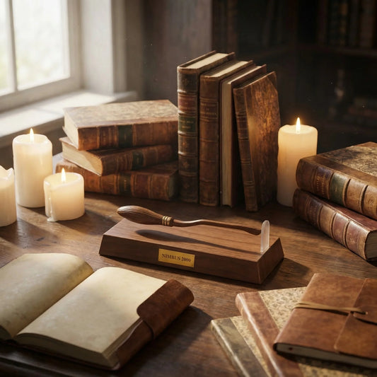 Vintage books and candles on a wooden surface with a warm glow.