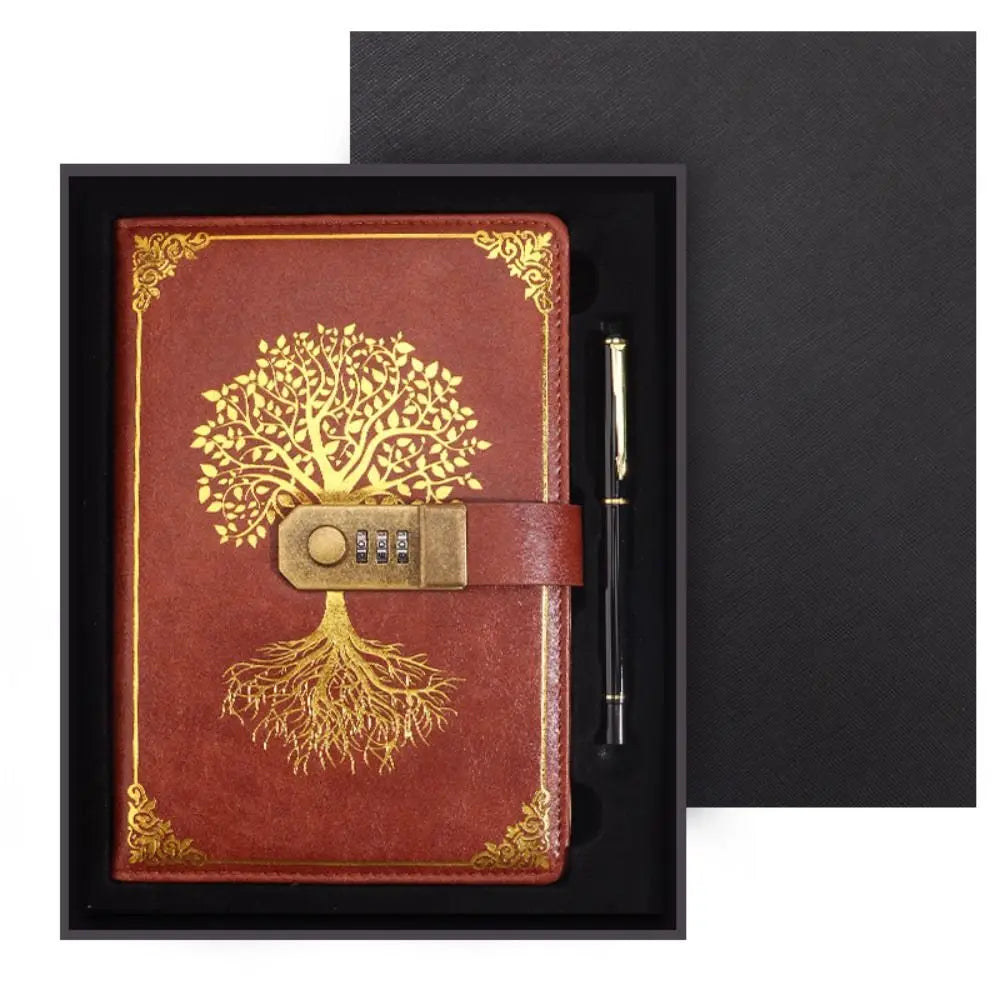 Red notebook with gold tree design and combination lock, accompanied by a pen, on a black background.