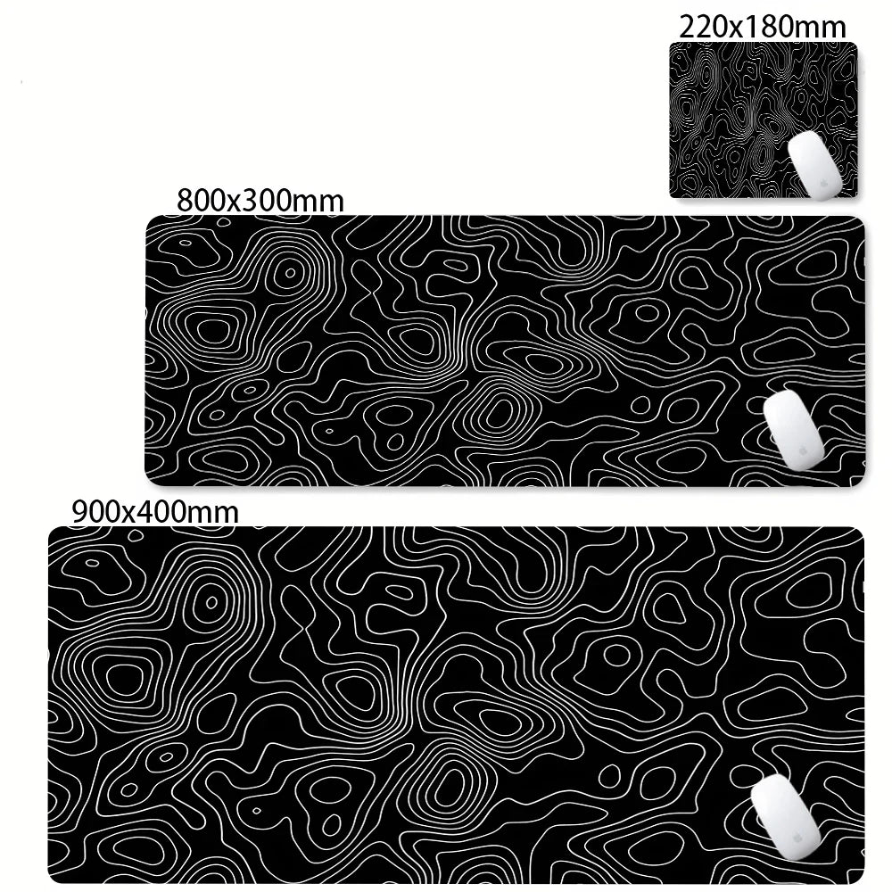 Black and white topographic mouse pad with size measurements and a close-up inset.