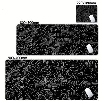 Black and white topographic mouse pad with size measurements and a close-up inset.