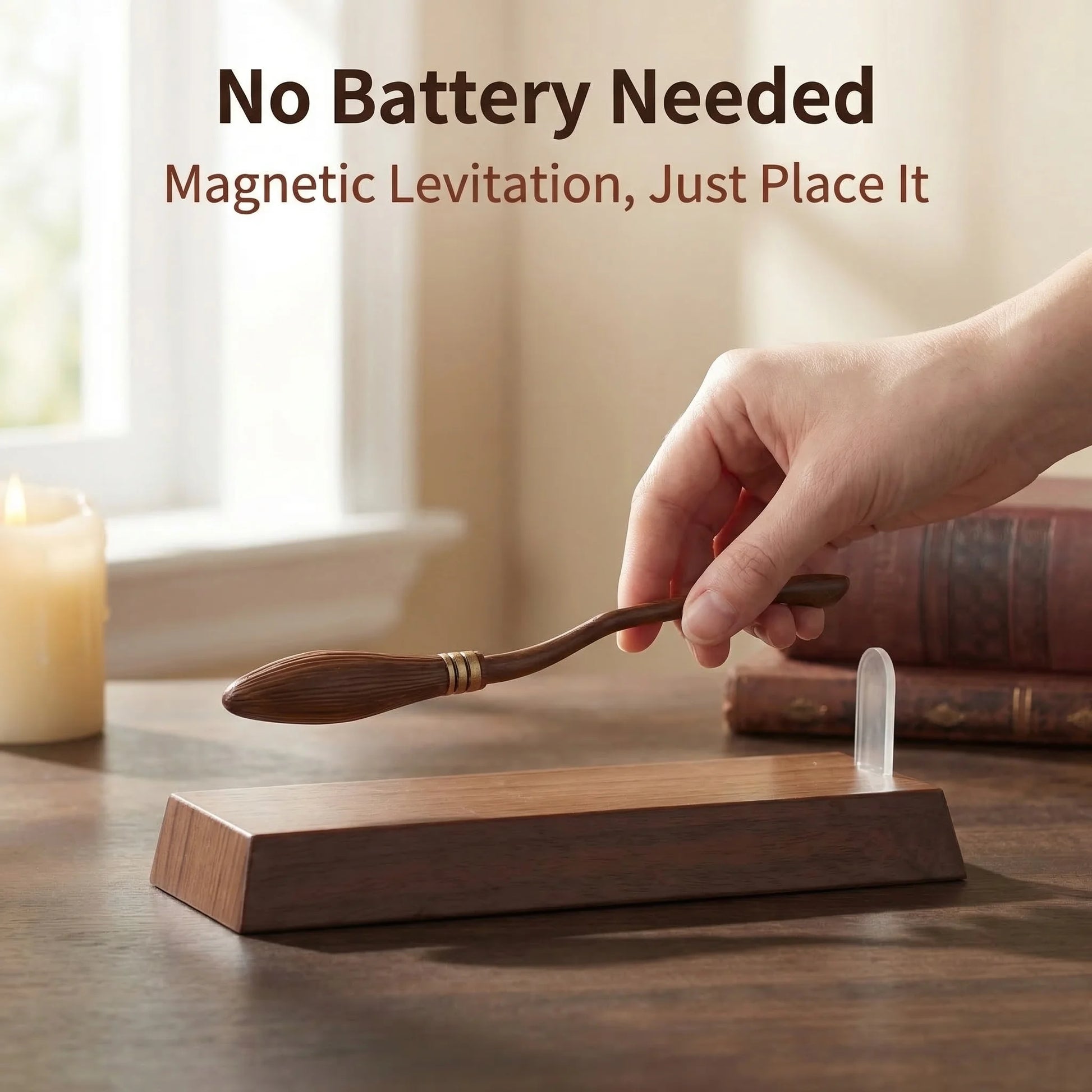 Wooden spoon levitating above a wooden block on a table with text 'No Battery Needed, Magnetic Levitation, Just Place It'.