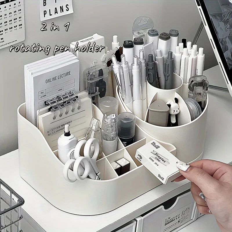 White rotating pen holder with stationery items on a desk
