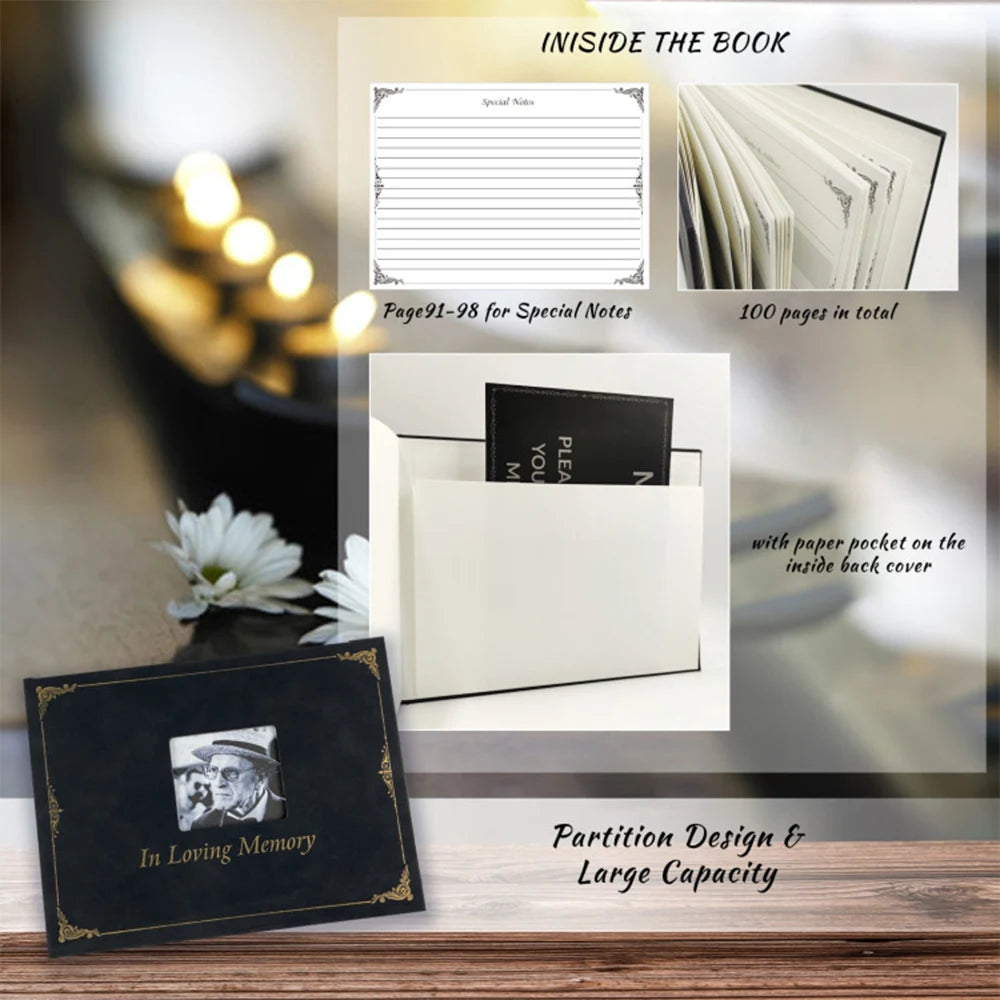 Memorial book with photo and text, featuring a paper pocket on the inside back cover.