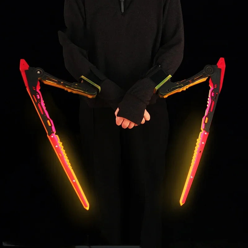 Person holding glowing red and black curved tools against a black background
