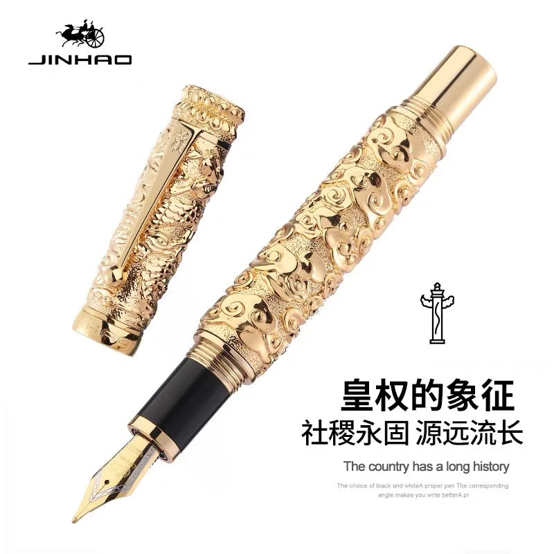 Decorative gold pen with intricate designs on a white background, featuring the brand 'JINHAO'.