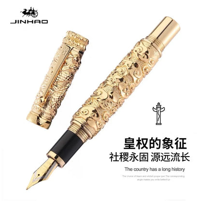Decorative gold pen with intricate designs on a white background, featuring the brand 'JINHAO'.