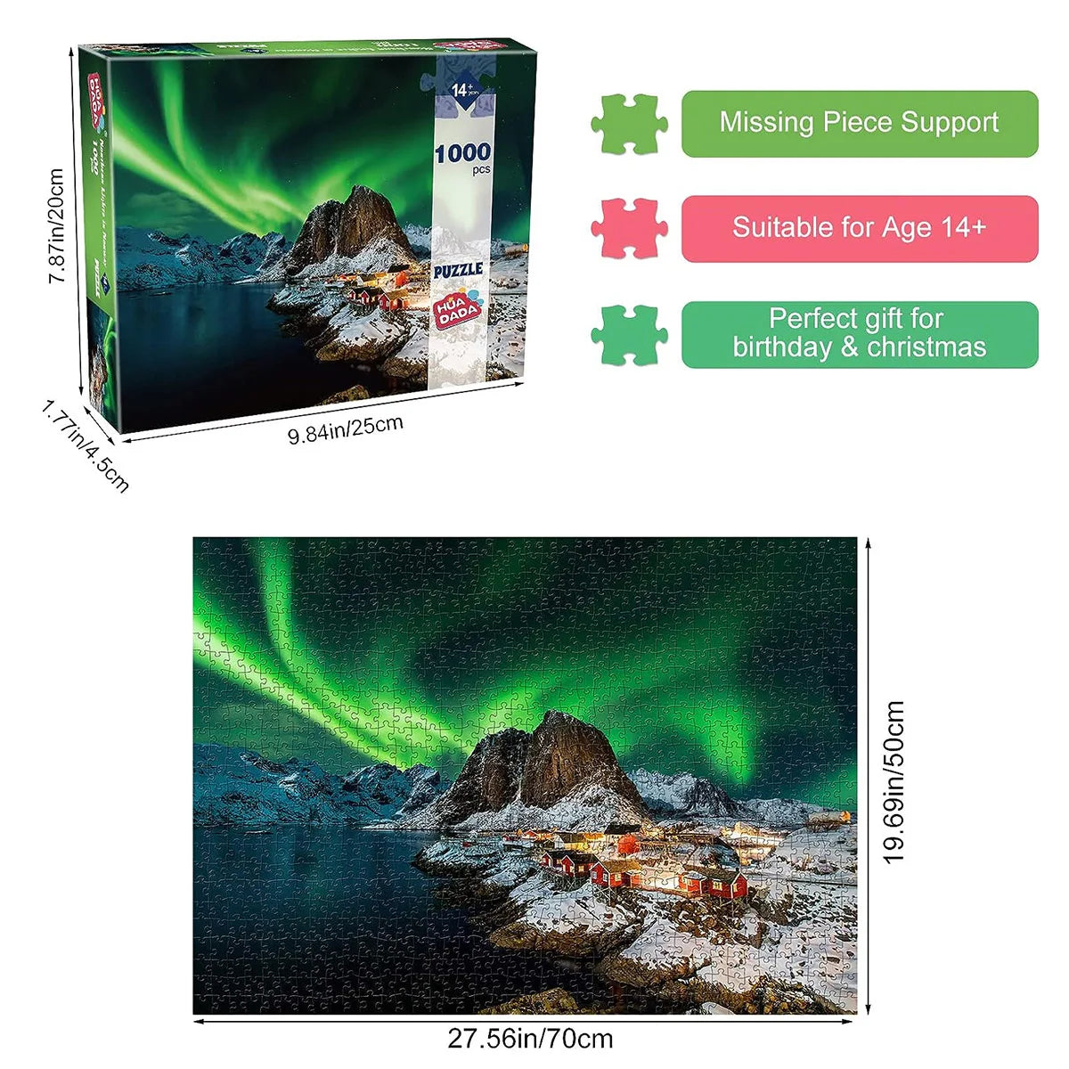 Puzzle packaging with Northern Lights scene and dimensions displayed
