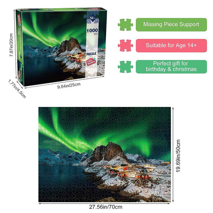 Puzzle packaging with Northern Lights scene and dimensions displayed