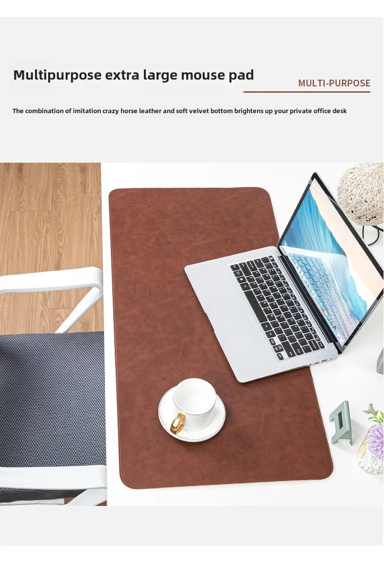 Brown mouse pad with laptop and cup on a desk