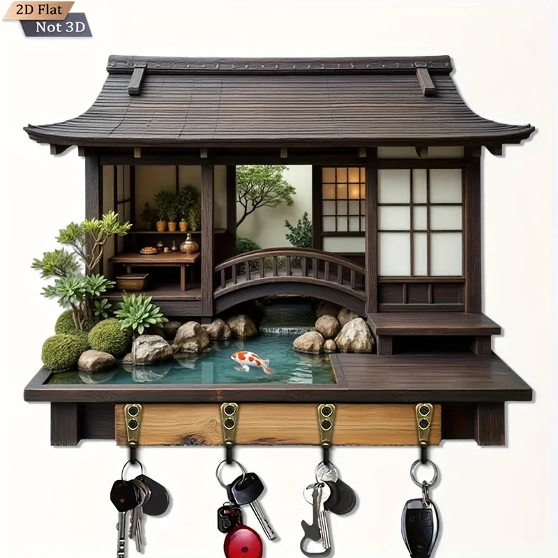 Wooden key holder with Japanese-style miniature garden design, featuring a pond and bridge.