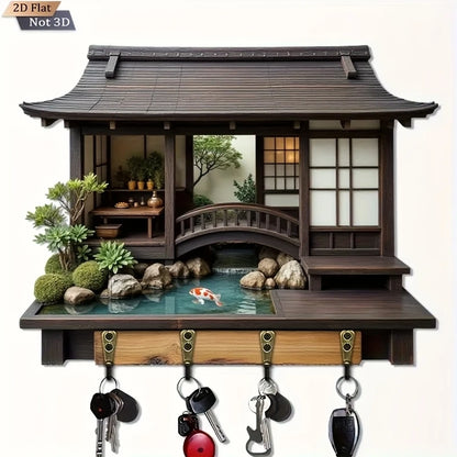 Wooden key holder with Japanese-style miniature garden design, featuring a pond and bridge.