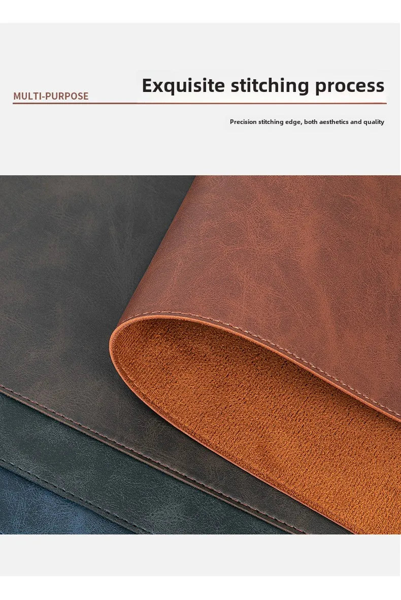 Three pieces of leather in brown, black, and blue with 'Exquisite stitching process' text on a white background.