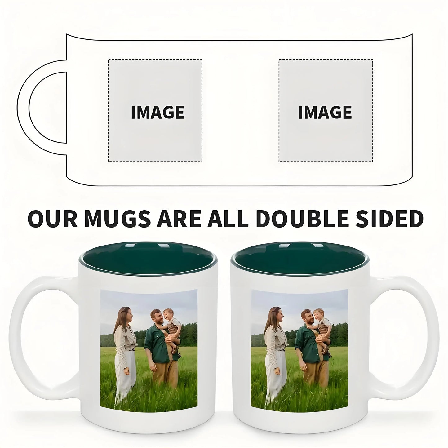 Mug design with two photo spots and text indicating double-sided printing.