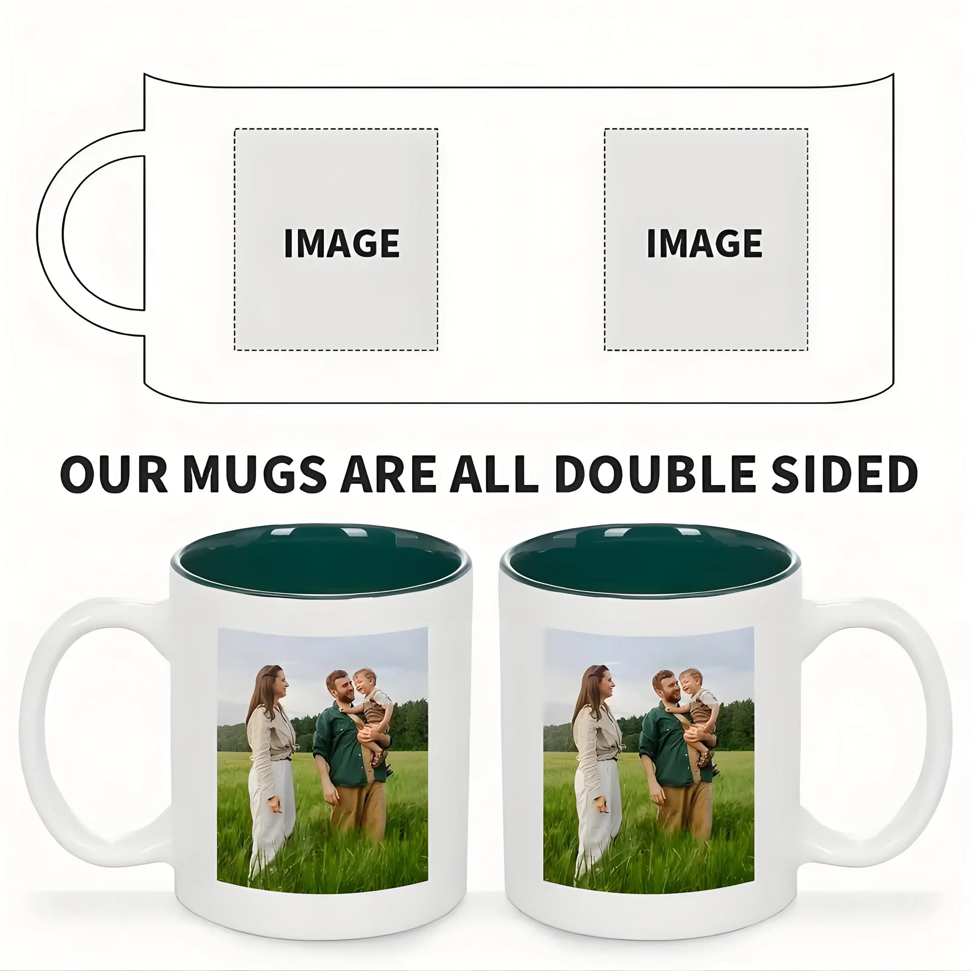 Mug design with two photo spots and text indicating double-sided printing.