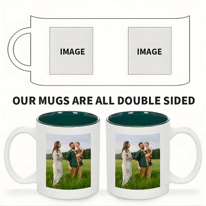 Mug design with two photo spots and text indicating double-sided printing.