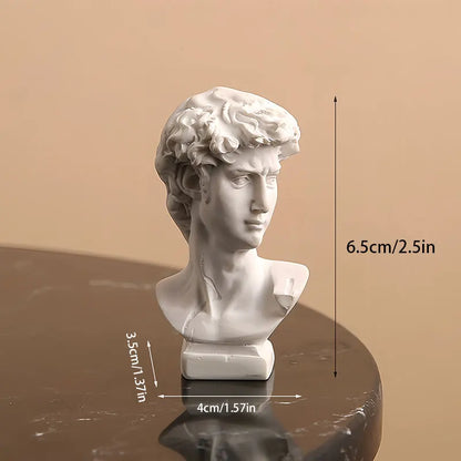 White marble bust of a classical figure with measurements on a beige background