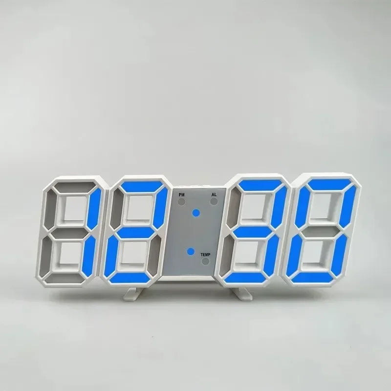 Digital clock with blue LED digits on a gray background