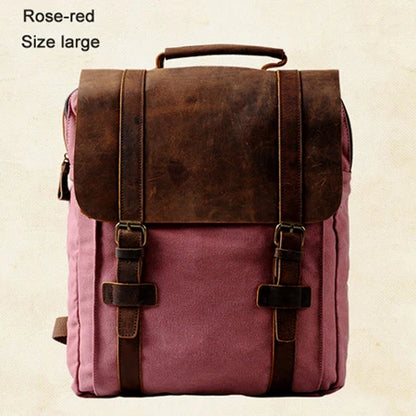 Rose-red backpack with brown leather straps on a beige background