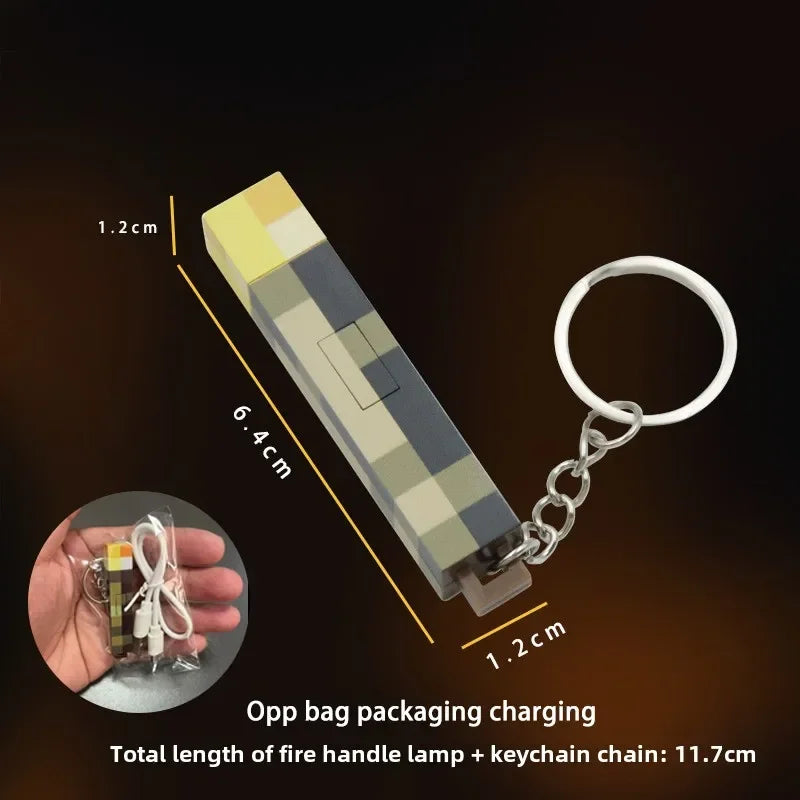 Fire handle lamp with keychain, showing dimensions and charging details.