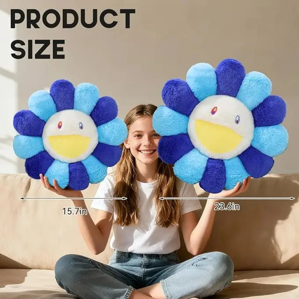 Two large flower-shaped plush toys held by a person with measurement labels.