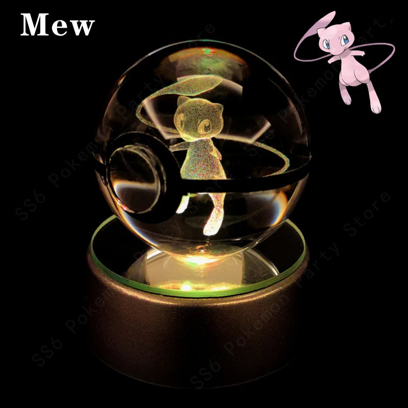 Glass ball with a 3D reflection of a cat-like creature, Mew, on a dark background.