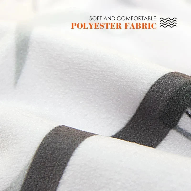 Close-up of soft and comfortable polyester fabric with text overlay.