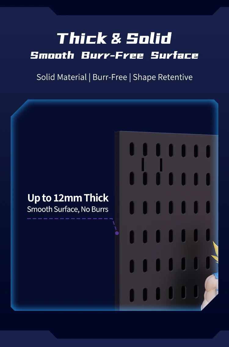 Product with text highlighting thick and solid material, smooth surface, and no burrs on a blue background.