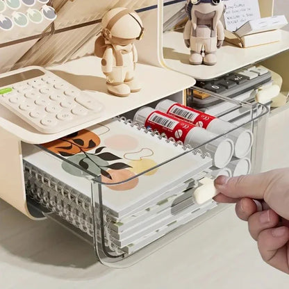 Clear desk organizer with stationery items on a desk