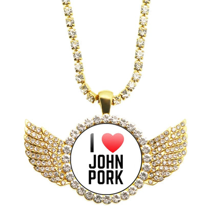 Necklace with a pendant featuring 'I ❤️ JOHN PORK' text on a white background