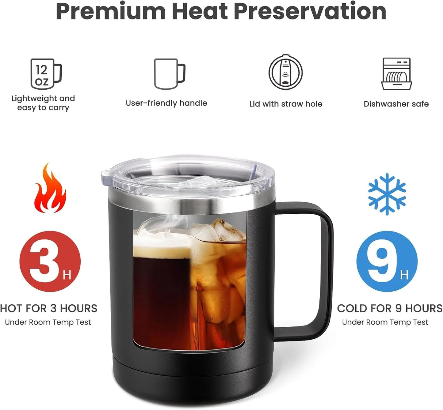 Black insulated mug with beverage, surrounded by features of premium heat preservation on a white background.