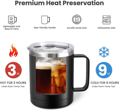 Black insulated mug with beverage, surrounded by features of premium heat preservation on a white background.
